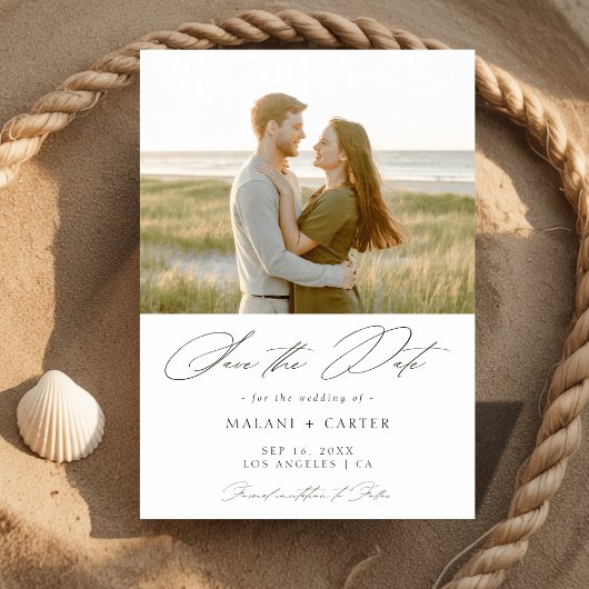 Modern Elegant Script Kust Strand Foto bruiloft Save The Date