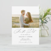 Modern Elegant Script Kust Strand Foto bruiloft Save The Date (Staand voorkant)