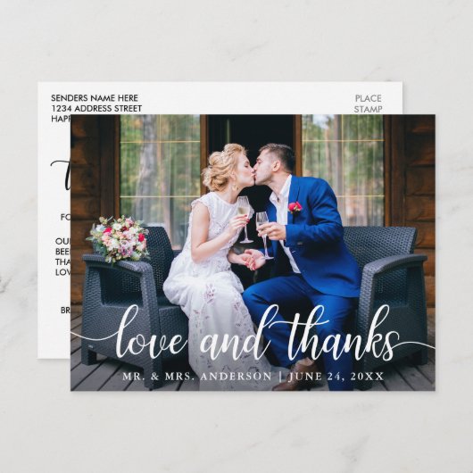 Modern Elegant Script Liefde Bedankt Trouwfoto W Briefkaart (Voorkant / Achterkant)
