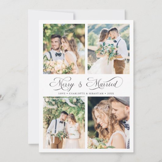Modern Elegant Script Merry & Married 4 Foto Feestdagenkaart (Voorkant)