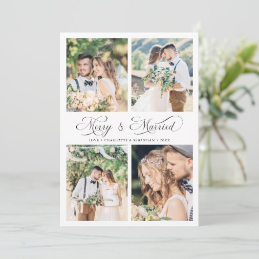 Modern Elegant Script Merry & Married 4 Foto Feestdagenkaart (Staand voorkant)