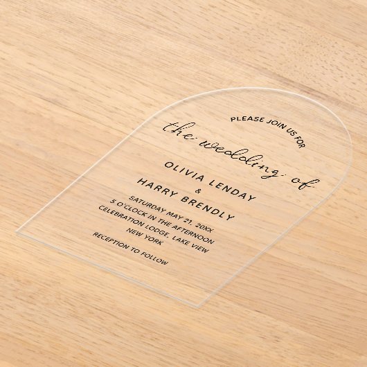 Modern Elegant Script minimalistische bruiloft Acryl Uitnodigingen (Laagn)