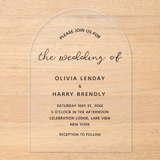 Modern Elegant Script minimalistische bruiloft Acryl Uitnodigingen (Voorkant)