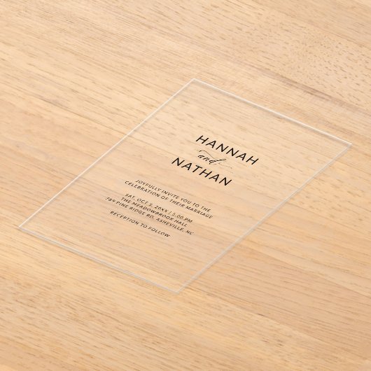 Modern Elegant Script Minimalistische bruiloft Dui Acryl Uitnodigingen (Laagn)