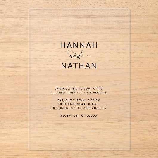 Modern Elegant Script Minimalistische bruiloft Dui Acryl Uitnodigingen (Voorkant)