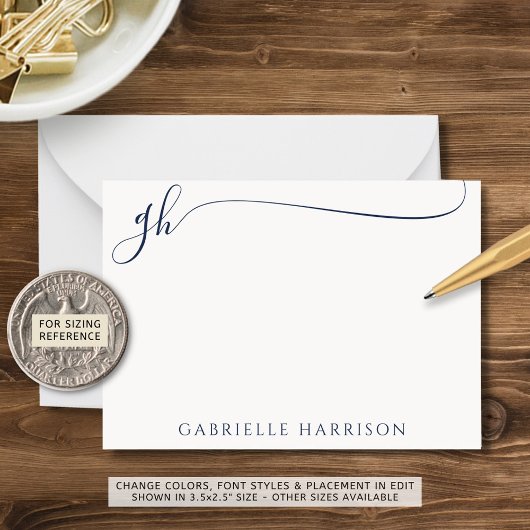 Modern Elegant Script Monogram Initialen Navy Blue Notitiekaartje