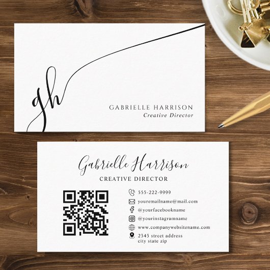 Modern Elegant Script Monogram Initialen QR-code Visitekaartje