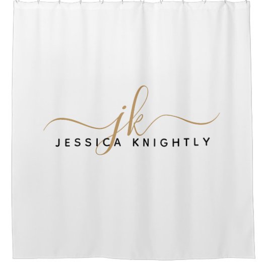 Modern Elegant Script Monogram Initialen Wit Goud Douchegordijn (Voorkant)