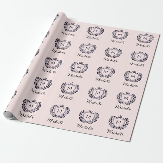 Modern elegant script Monogram Naam Custom Pink Cadeaupapier (Uitgerold)