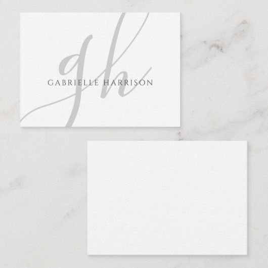 Modern Elegant Script Monogram Naam Zilver Grijs Notitiekaartje (Voorkant / Achterkant)
