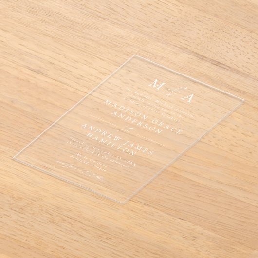 Modern Elegant Script Monogram Trouwen Acryl Uitnodigingen (Laagn)