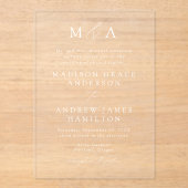 Modern Elegant Script Monogram Trouwen Acryl Uitnodigingen (Voorkant)