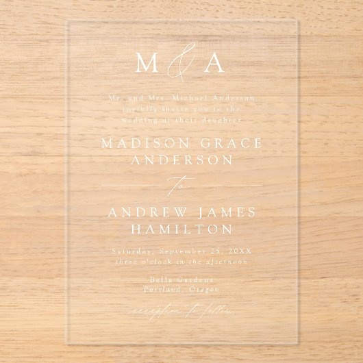 Modern Elegant Script Monogram Trouwen Acryl Uitnodigingen (Voorkant)