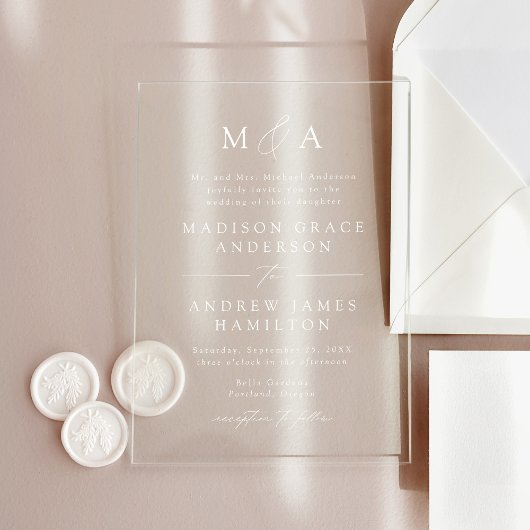 Modern Elegant Script Monogram Trouwen Acryl Uitnodigingen