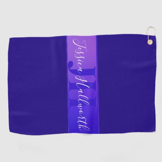 Modern Elegant Script Naam & Monogram Ombre Paarse Golfhanddoek (Horizontaal)