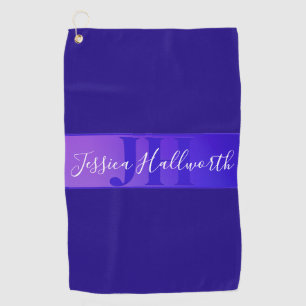 Modern Elegant Script Naam & Monogram Ombre Paarse Golfhanddoek
