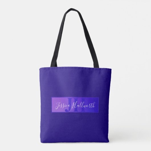 Modern Elegant Script Naam & Monogram Ombre Paarse Tote Bag (Achterkant)