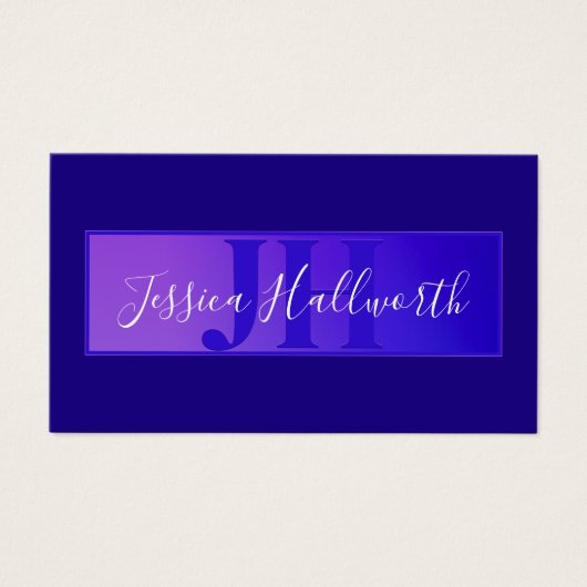 Modern Elegant Script Naam & Monogram Ombre Paarse Visitekaartje (Voorkant)