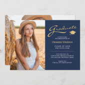 Modern Elegant Script Navy Blue | 2 Foto-Afstudeer Aankondiging (Voorkant / Achterkant)