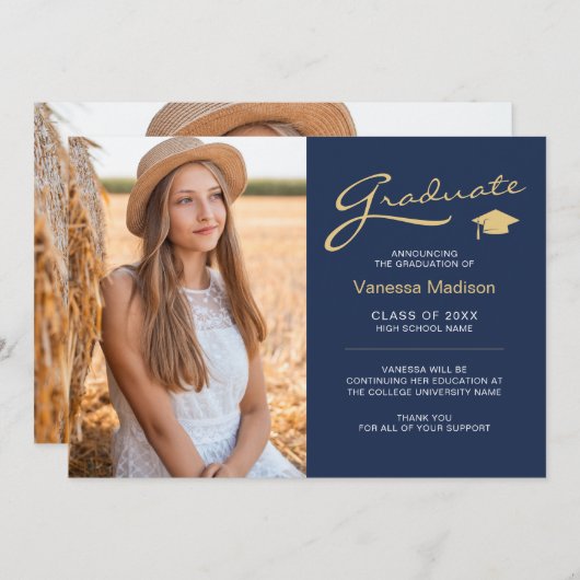 Modern Elegant Script Navy Blue | 2 Foto-Afstudeer Aankondiging (Voorkant / Achterkant)