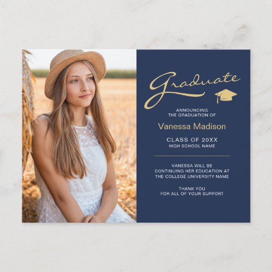 Modern Elegant Script Navy Blue | 2 Foto-Afstudeer Briefkaart (Voorkant)