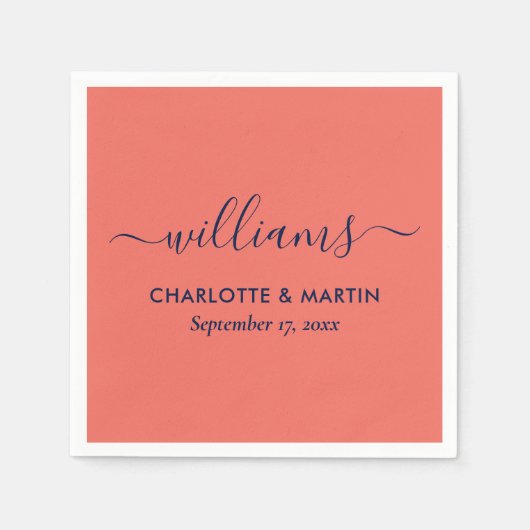 Modern Elegant Script Navy Blue and Coral Wedding Servet (Voorkant)