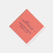 Modern Elegant Script Navy Blue and Coral Wedding Servet (Hoek)