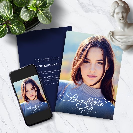 Modern Elegant Script Navy Blue Photo Afstuderen Aankondiging