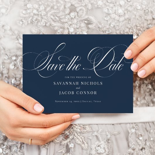 Modern Elegant Script Navy Blue Save The Date