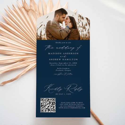 Modern Elegant Script Navy Photo Wedding All In One Uitnodiging