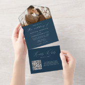 Modern Elegant Script Navy Photo Wedding All In One Uitnodiging (Afscheurbaar)