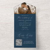 Modern Elegant Script Navy Photo Wedding All In One Uitnodiging (Binnen)
