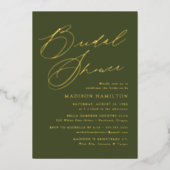 Modern Elegant Script Olijfgroen Vrijgezellenfeest Folie Uitnodiging (Voorkant)