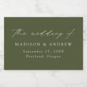 Modern Elegant Script Olijfgroene bruiloft Sparkling Wijnetiket (Enkel label)