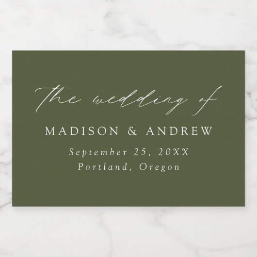Modern Elegant Script Olijfgroene bruiloft Sparkling Wijnetiket (Enkel label)