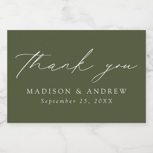 Modern Elegant Script Olive Green Bedankt Sparkling Wijnetiket (Enkel label)