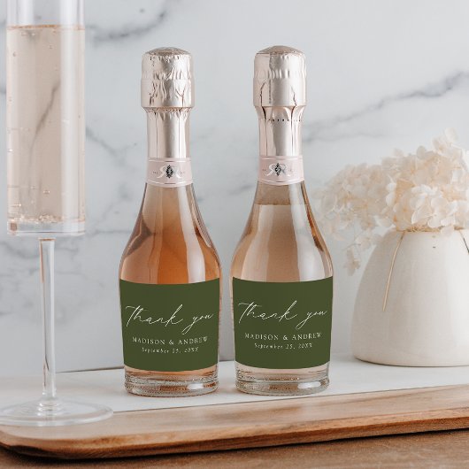 Modern Elegant Script Olive Green Bedankt Sparkling Wijnetiket