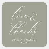 Modern Elegant Script Olive Love & Bedankt Vierkante Sticker (Voorkant)