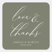 Modern Elegant Script Olive Love & Bedankt Vierkante Sticker (Voorkant)
