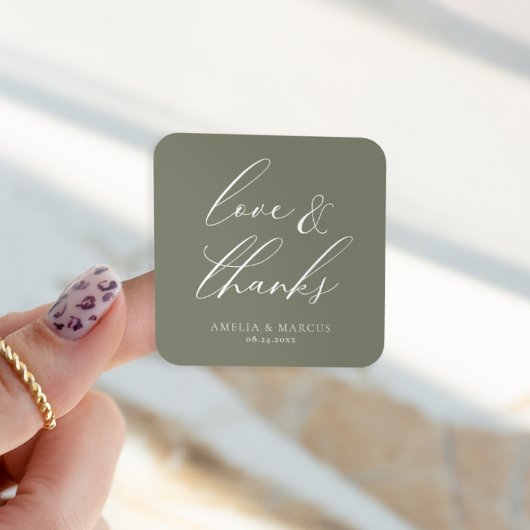 Modern Elegant Script Olive Love & Bedankt Vierkante Sticker