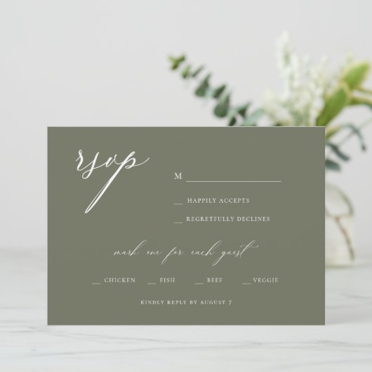 Modern Elegant Script Olive Wedding RSVP Kaart (Staand voorkant)