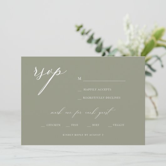 Modern Elegant Script Olive Wedding RSVP Kaart (Staand voorkant)
