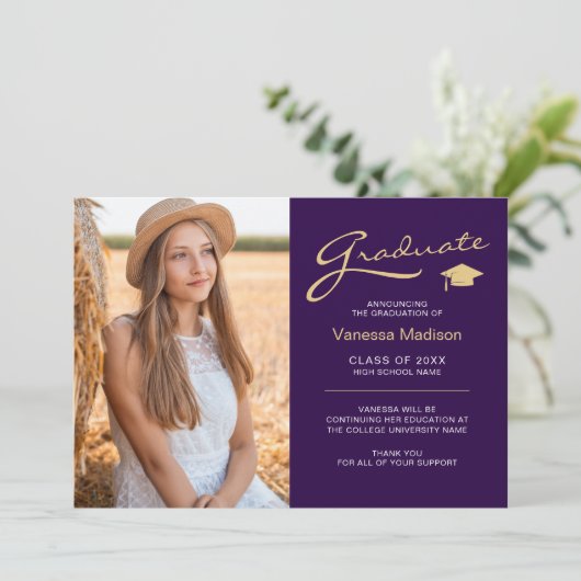 Modern elegant script Paars en goud | 2 Foto-Afstu Aankondiging (Staand voorkant)