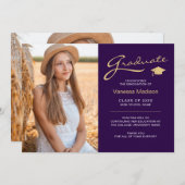 Modern elegant script Paars en goud | 2 Foto-Afstu Aankondiging (Voorkant / Achterkant)