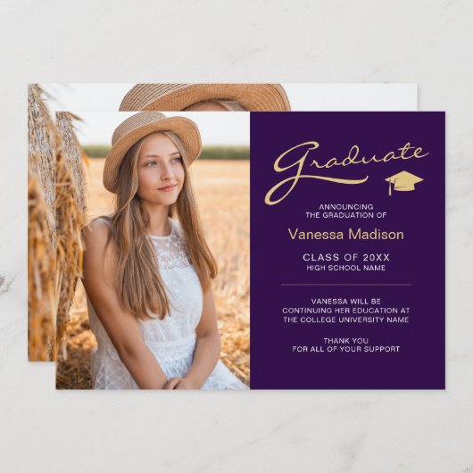 Modern elegant script Paars en goud | 2 Foto-Afstu Aankondiging (Voorkant / Achterkant)