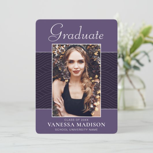 Modern | Elegant Script Paars Violet 1 Foto Afstud Aankondiging (Staand voorkant)