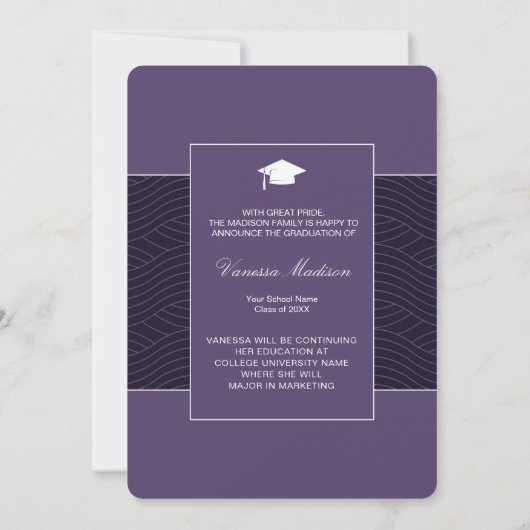 Modern | Elegant Script Paars Violet 1 Foto Afstud Aankondiging (Achterkant)