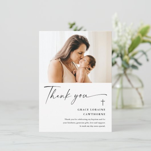Modern Elegant Script Photo Baptism Bedankkaart (Staand voorkant)