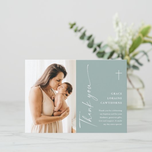 Modern Elegant Script Photo Baptism Bedankkaart (Staand voorkant)