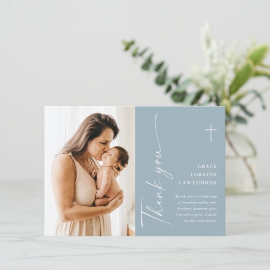 Modern Elegant Script Photo Baptism Bedankkaart (Staand voorkant)
